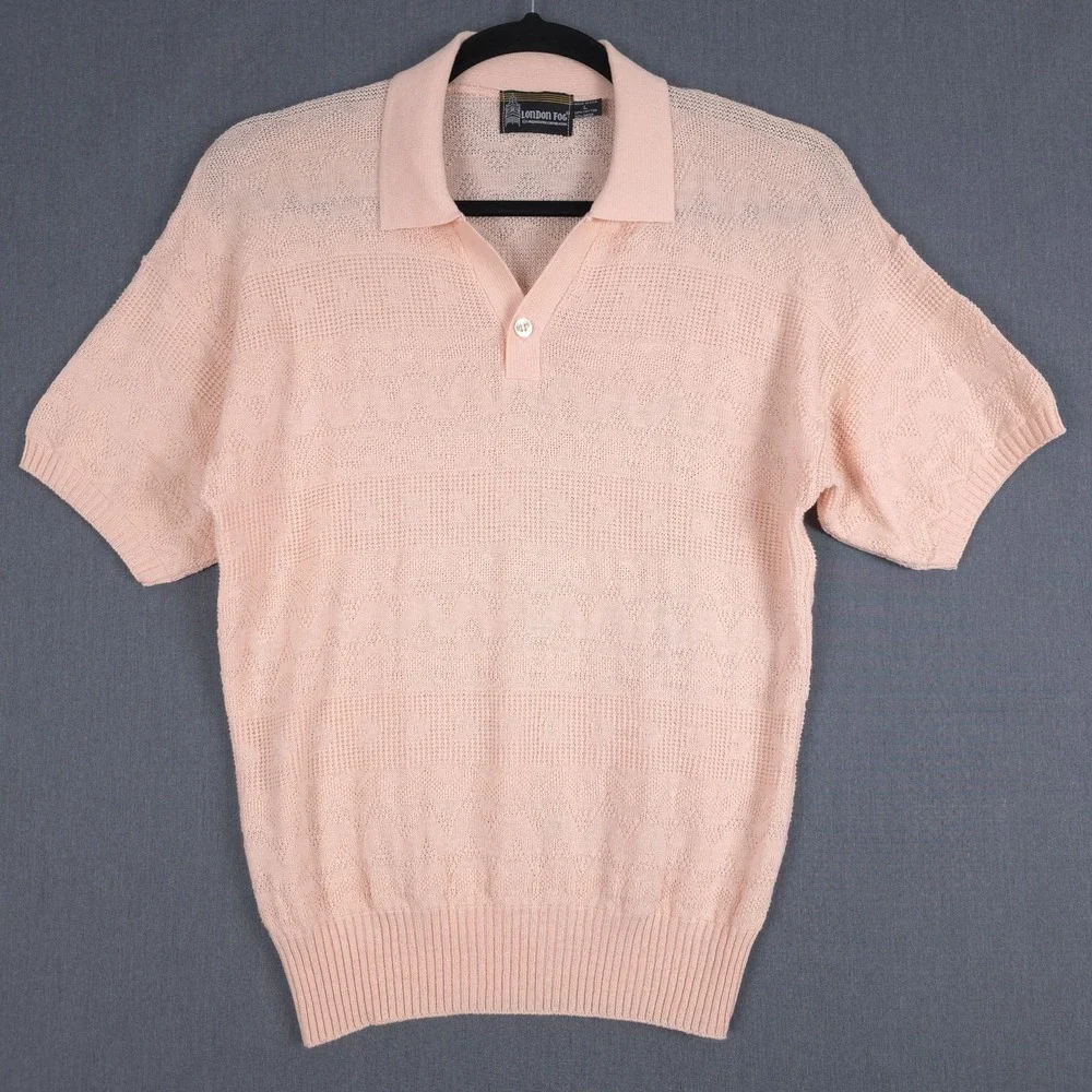 Vintage London Fog Retro Polo Mens Large Peach Cotton Rayon Textured‎ Knit Shirt